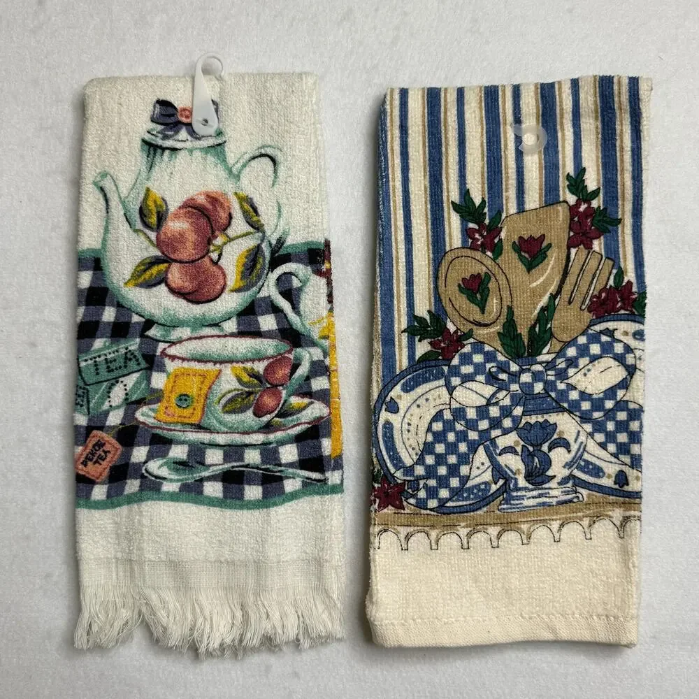 Vintage Woolworth Kitchen Tea Towels Set 2 Cotton Fruit Utensils Country NEW